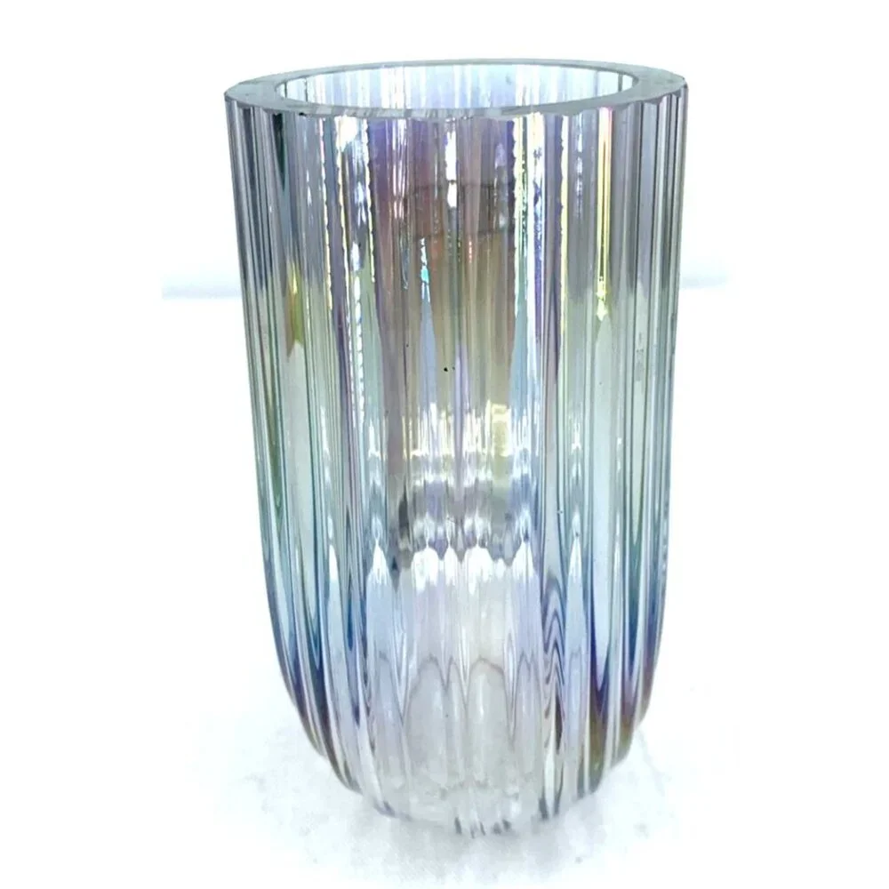IKEA Raffelbjork Iridescent Glass Vase 4¾” J Shape Ribbed Mother-of-Pearl